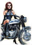 Mrs Peel on her Norton 650SS.